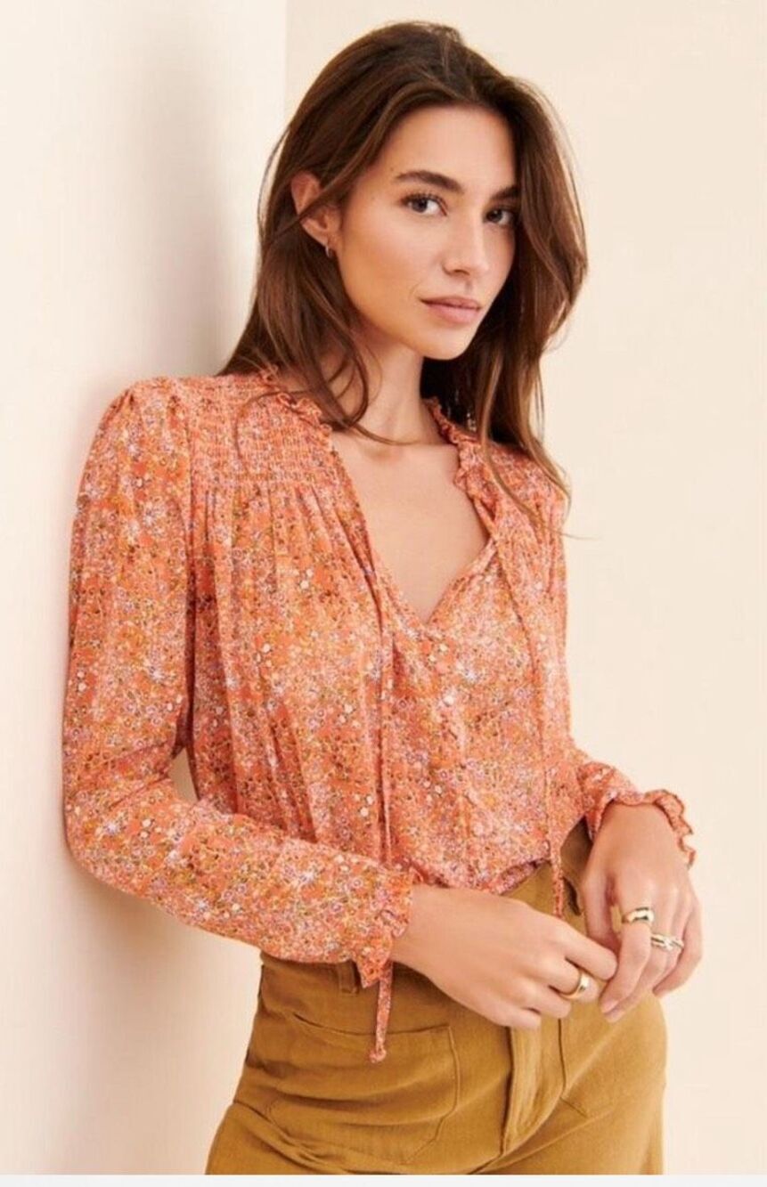 Free People Lela Floral Blouse Orange Size Large